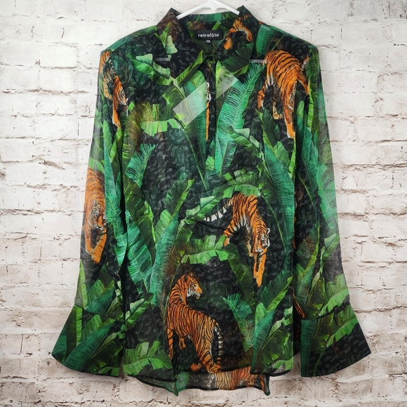 Retrofete Joanna Print Shirt in Safari Print Size XXL NWT Sheer Long Sleeve Silk - Picture 3 of 14